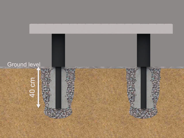 Elements bänk rak med ryggstöd trä för nedgjutning